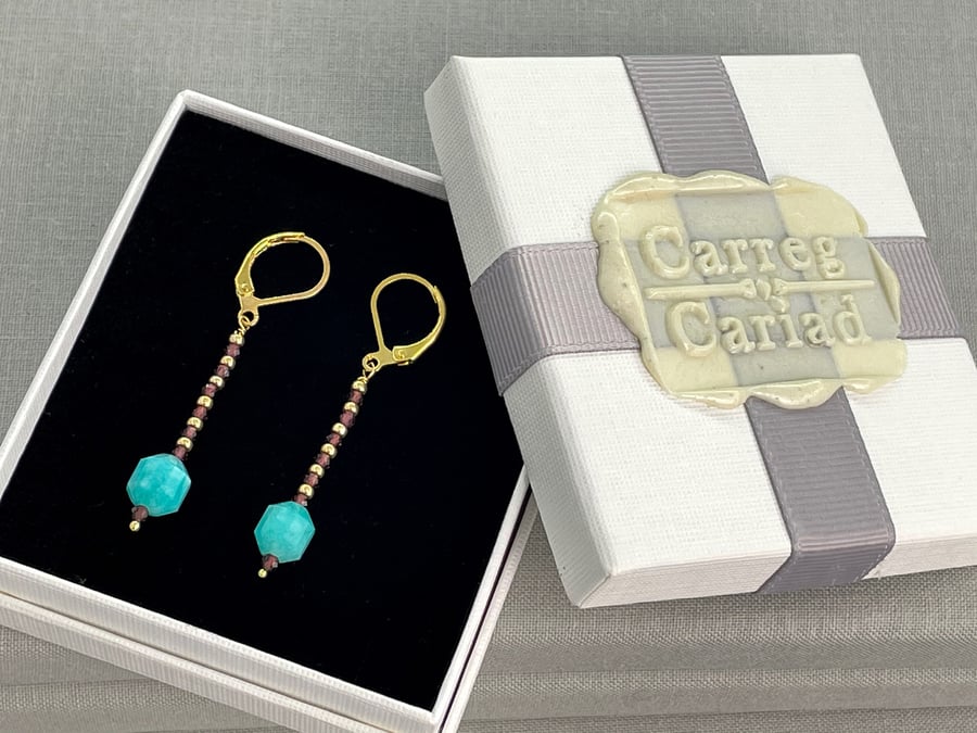 Dainty Amazonite & Garnet Earrings, Gold Filled Lever Backs, January birthday 
