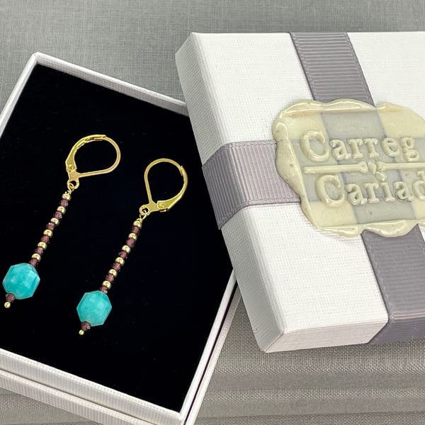 Dainty Amazonite & Garnet Earrings, Gold Filled Lever Backs, January birthday 