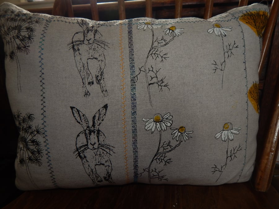 Hare and Daisy screen printed cushion - Yellow and Blue
