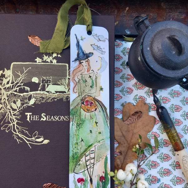  ' ms witch ' Hand drawn and painted bookmark with silk ribbon '
