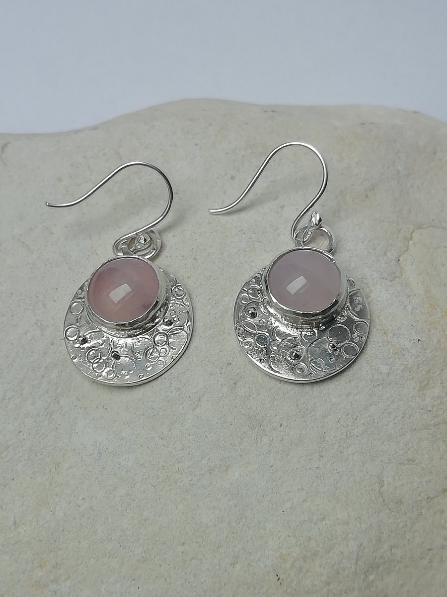 Pink Quartz Cabochons on a Circle Stamped Silver Disc Earrings