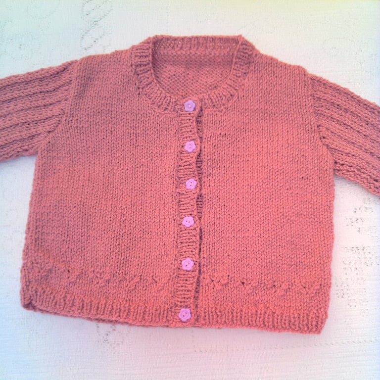 Baby's Hand Knitted Round Neck Cardigan with Lacy Set in Sleeves, Custom Make
