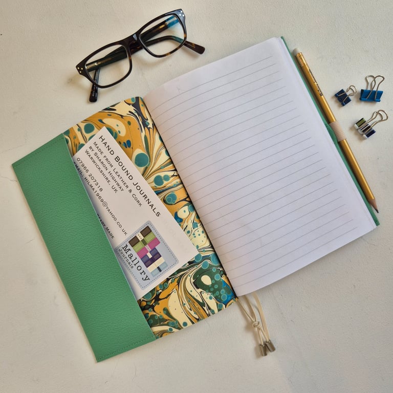Green Leather Planner Hand Bound with Marble Paper, A5