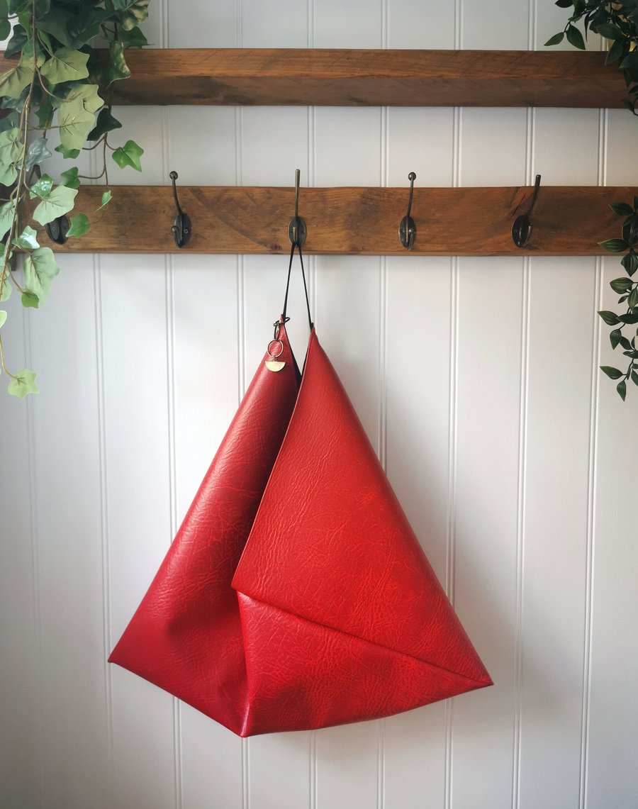  Bright Red Vegan Leather Origami Bag with Faux Suede Straps and Charm