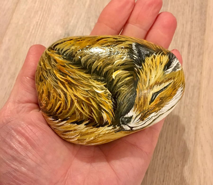 Fox hand painted pebble wildlife  garden rock art pet stone portrait 