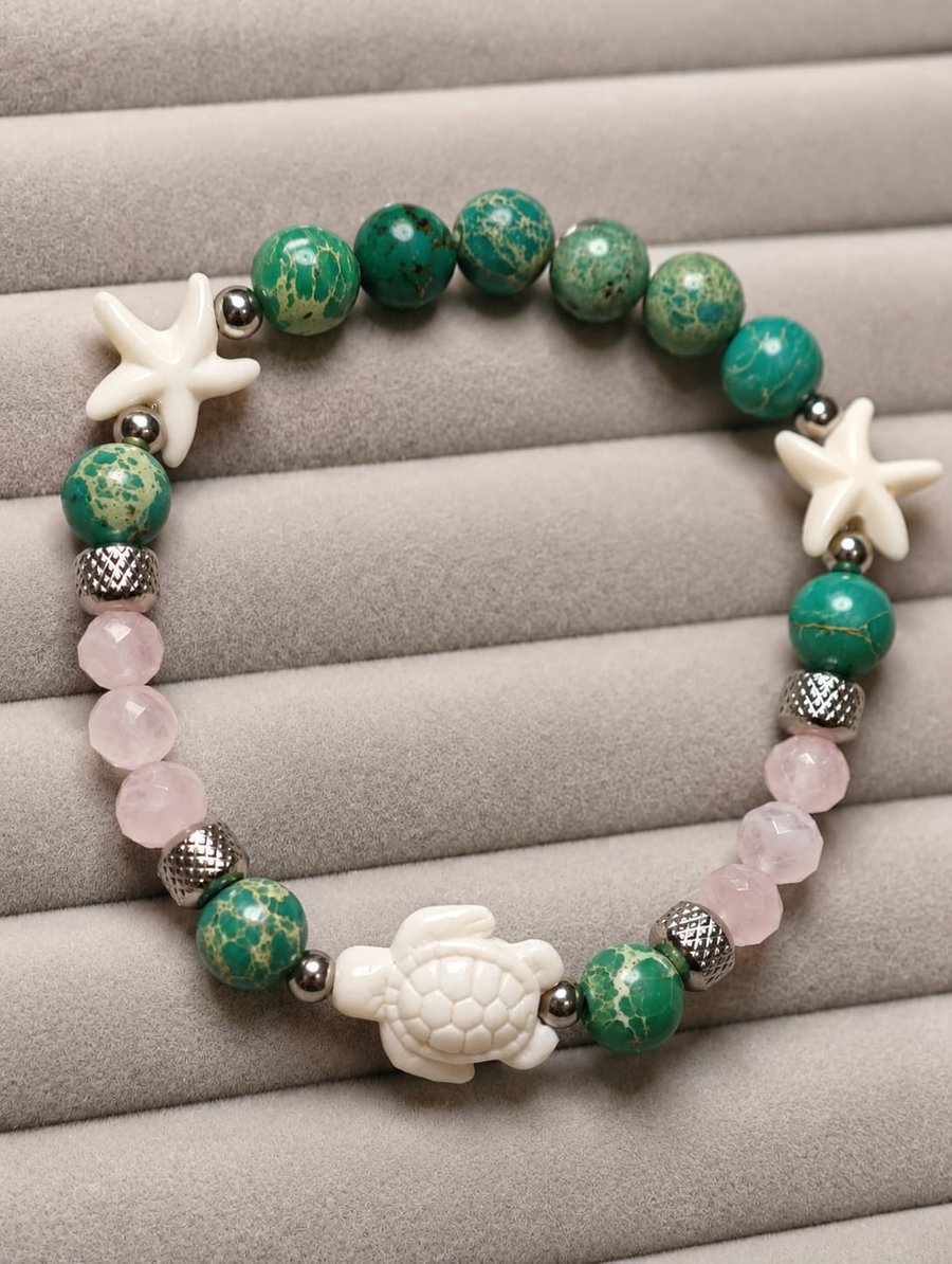 Green Handmade Sea Sediment Jasper & Rose Quartz Turtle Bracelet Coastal Beach