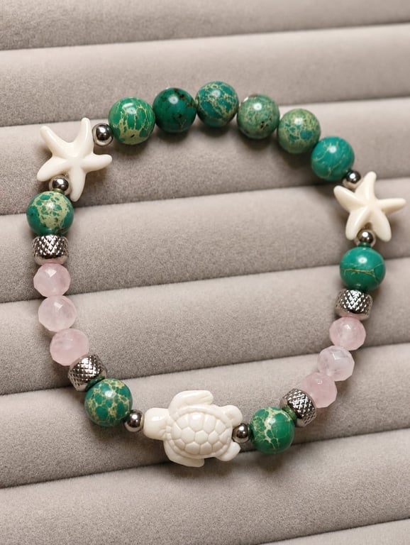 Green Handmade Sea Sediment Jasper & Rose Quartz Turtle Bracelet Coastal Beach