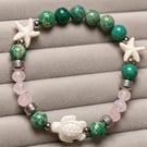Green Handmade Sea Sediment Jasper & Rose Quartz Turtle Bracelet Coastal Beach