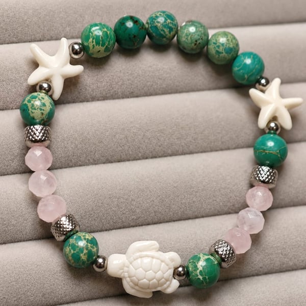 Green Handmade Sea Sediment Jasper & Rose Quartz Turtle Bracelet Coastal Beach