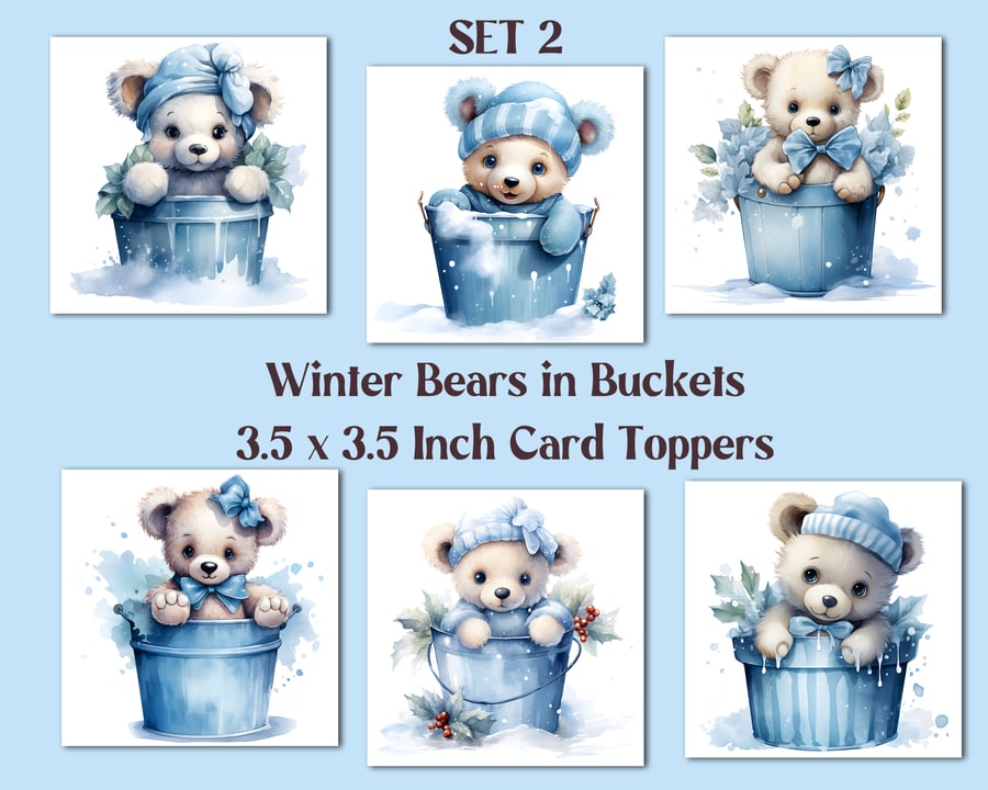 Winter Bears in Buckets Set of 6 Square Card Toppers for Card Making