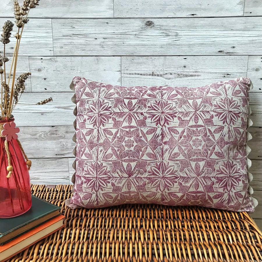 Hand Printed Linen Cushion - ASTA - Raspberry Red