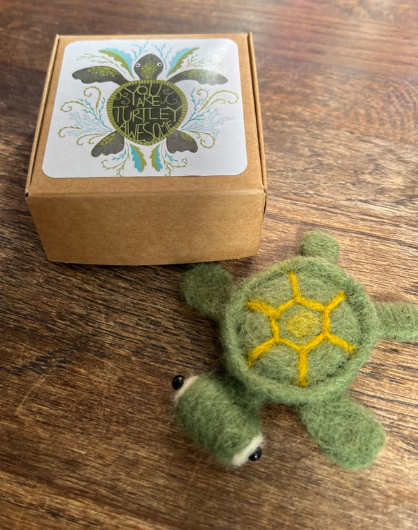 Needle felted green turtle with free ‘you are turtley awesome’ box.