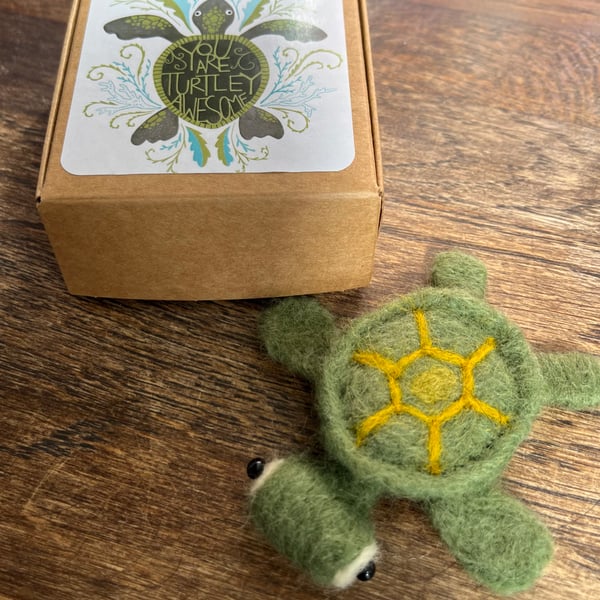 Needle felted green turtle with free ‘you are turtley awesome’ box.