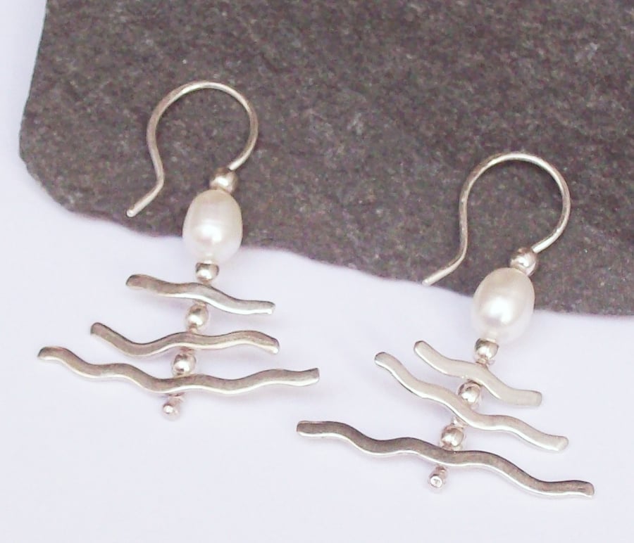Kinetic Wave Silver Earrings, Sterling Silver and Pearl, Handmade