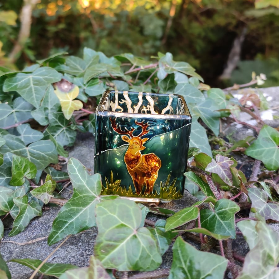 Candle holder, hand painted glass, highland deer