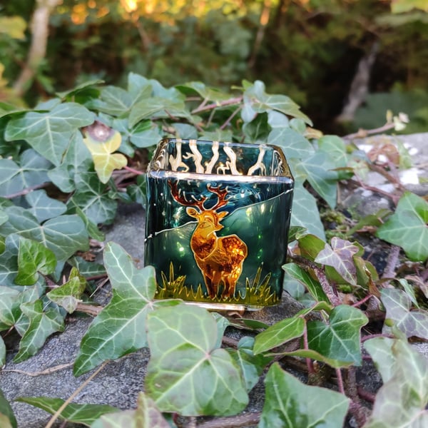 Candle holder, hand painted glass, highland deer