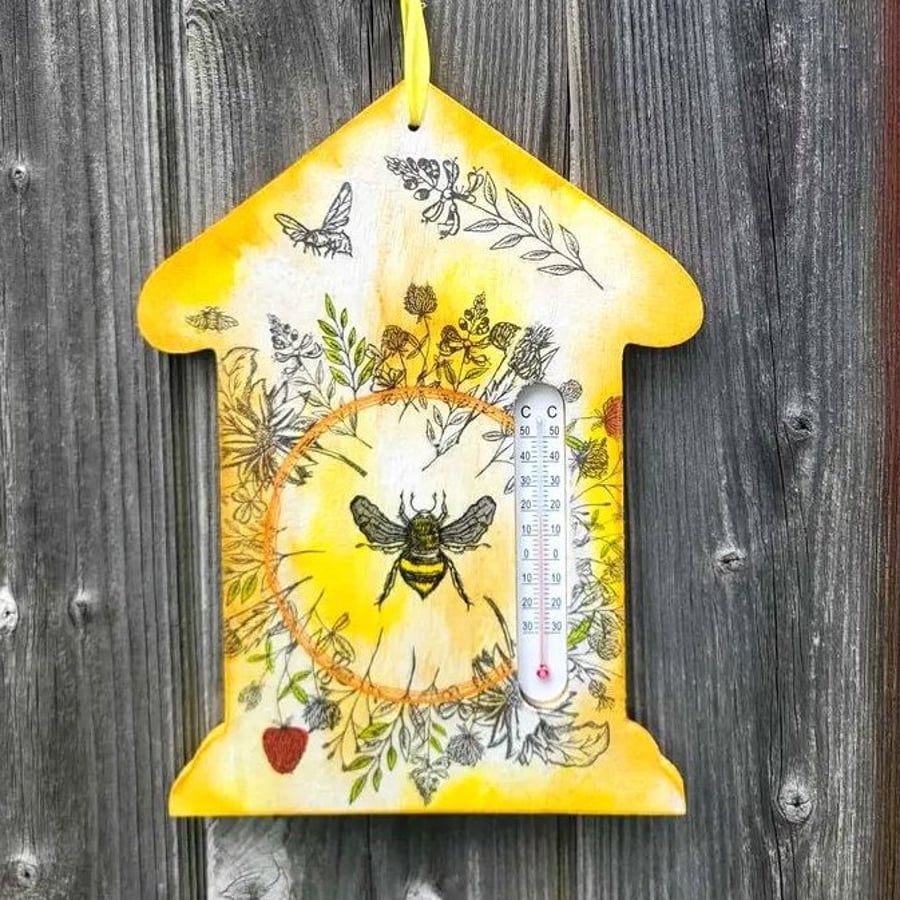 BUMBLE BEE wooden wall art,Bee hotel shaped Thermometer,Save the Bees gift