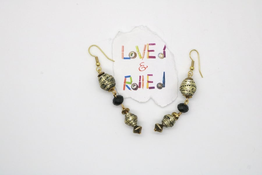 Gold and Black paper beads dangling earrings