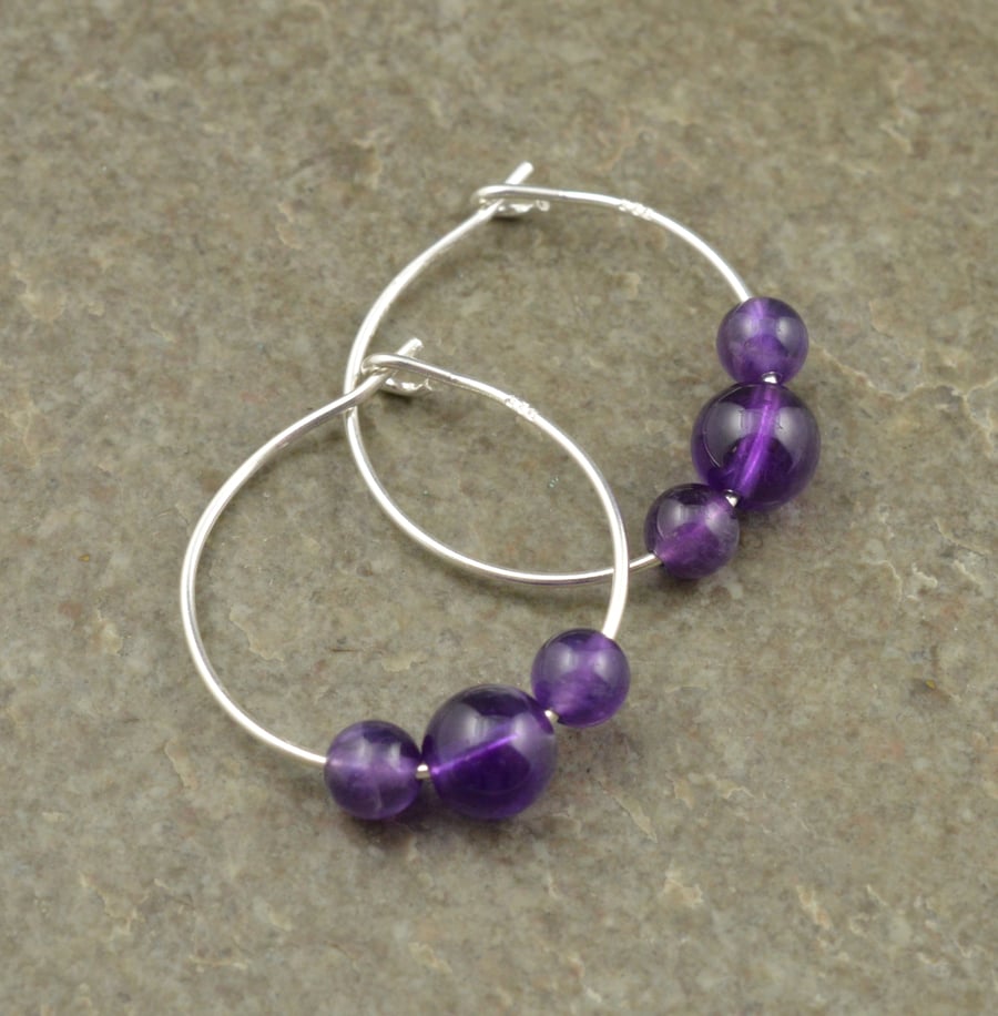 Boho Purple Amethyst Gemstone & 20mm Sterling Silver Hoop Earrings