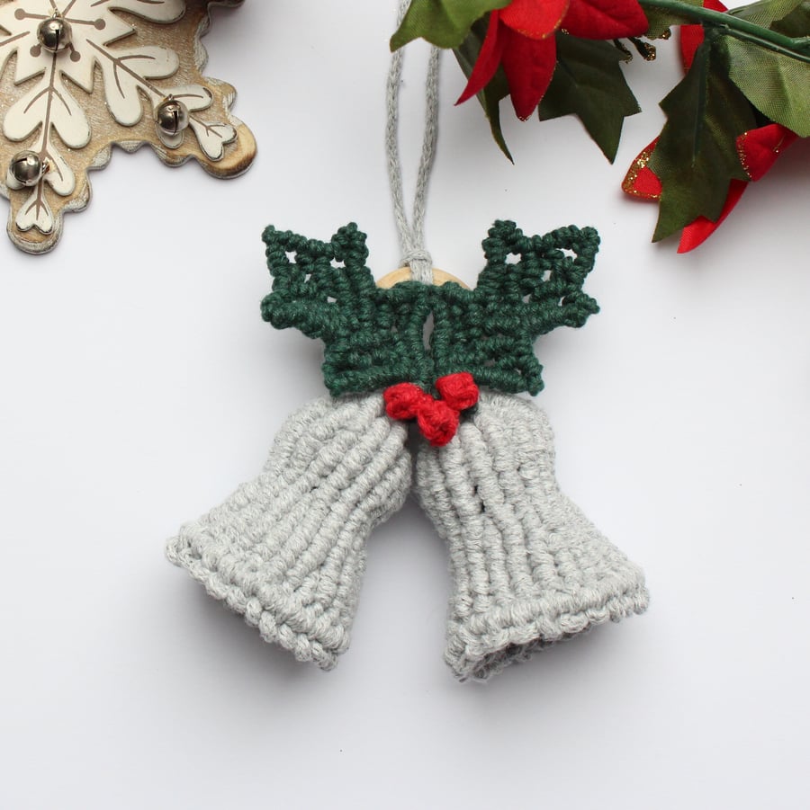 Eco Christmas tree decoration, macrame silver bells