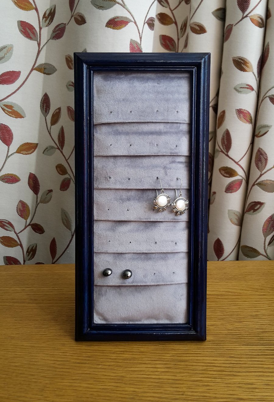 Upcycled picture frame earring holder, blue and silver-grey