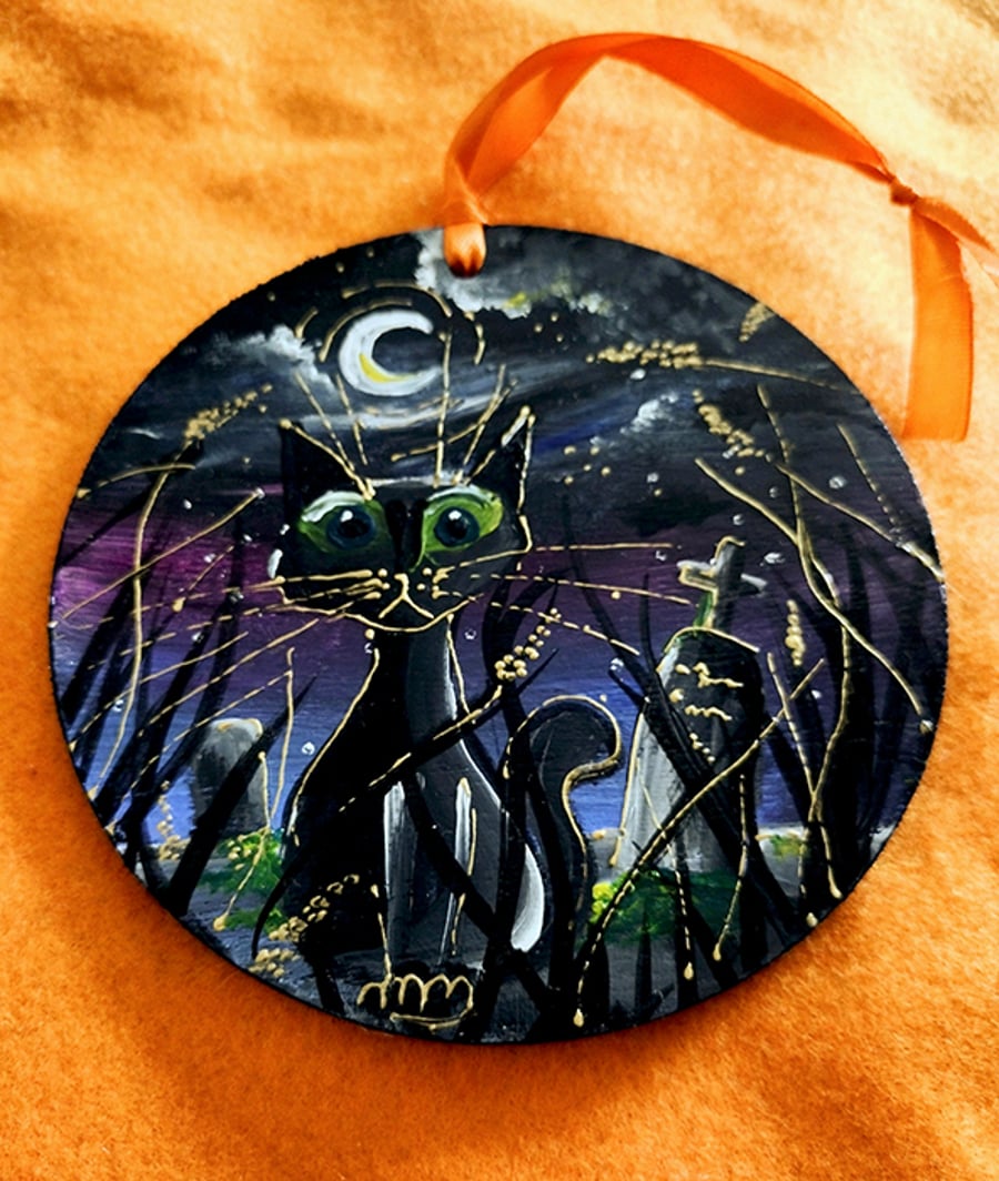 Halloween wall hanging, wooden sign, witch's cat art. Halloween decoration