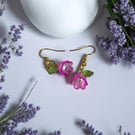 Pink Flower Gold Dangle Earrings