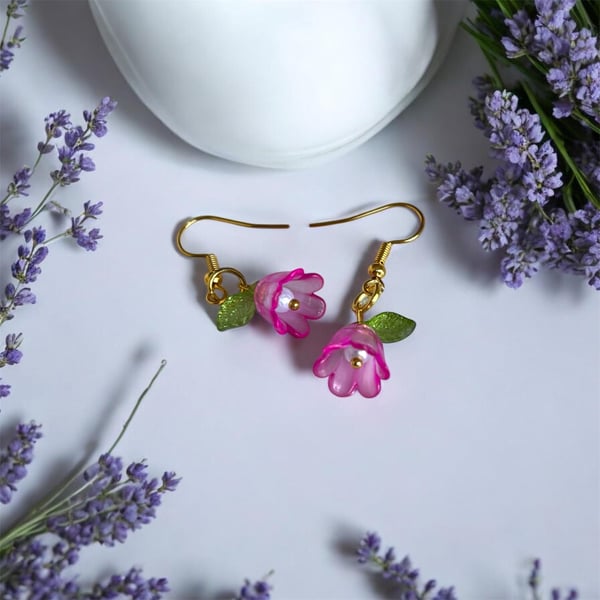Pink Flower Gold Dangle Earrings
