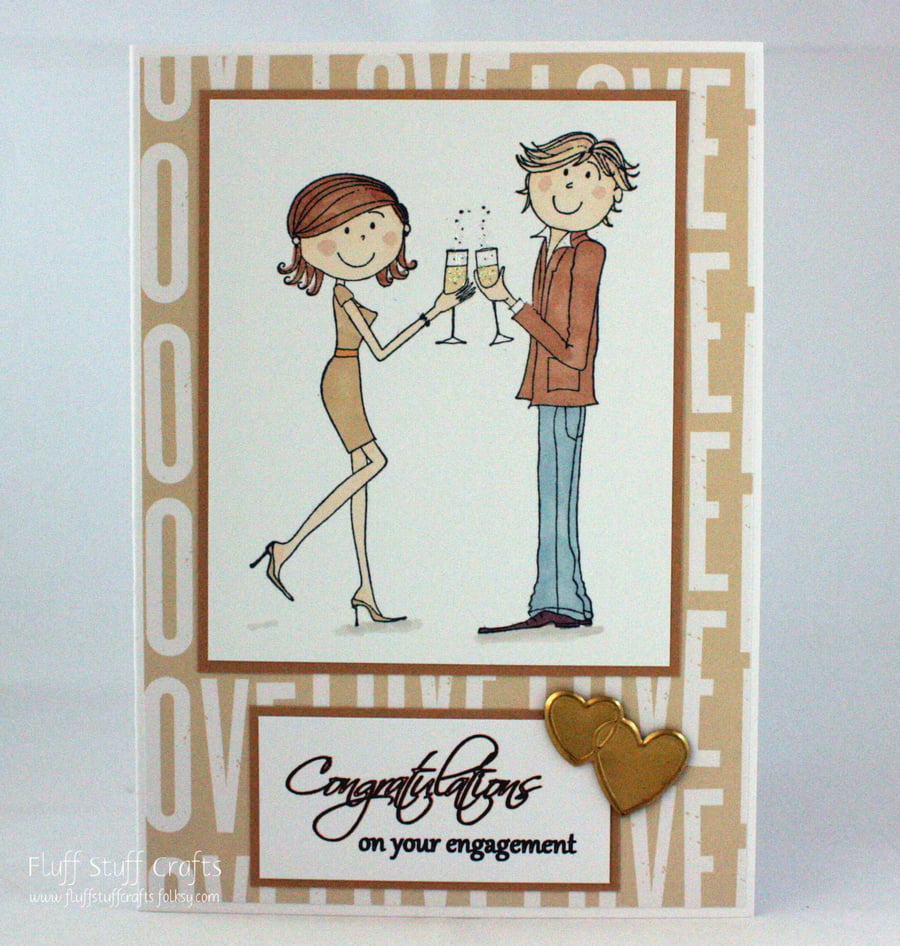 Handmade engagement card - couple with champagne