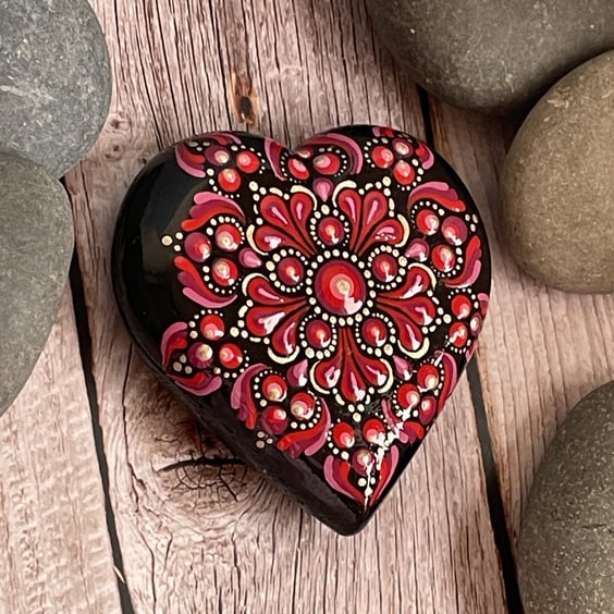 Red Heart Dot Mandala Art Stone Acrylic Rock Painting Hand Painted Unique