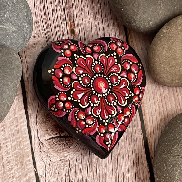 Red Heart Dot Mandala Art Stone Acrylic Rock Painting Hand Painted Unique