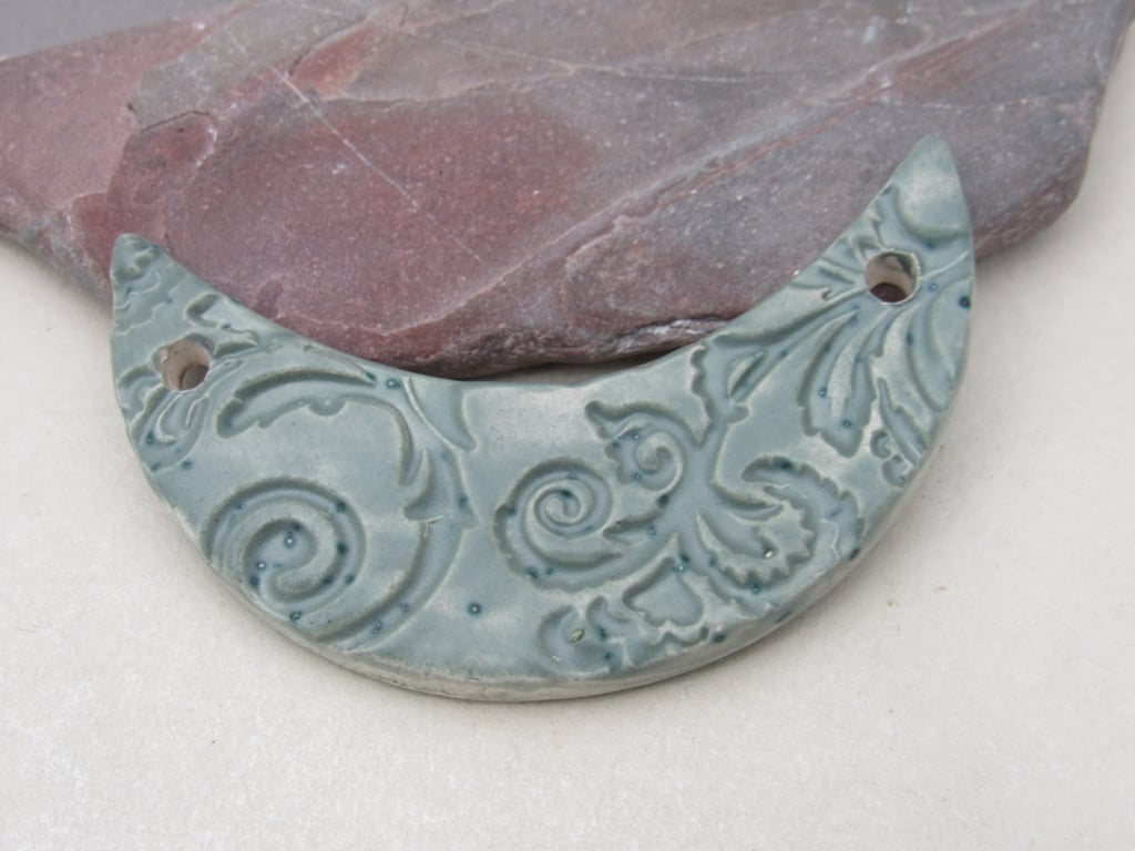 Sage Green Brocade Ceramic Crescent Bib Pendant