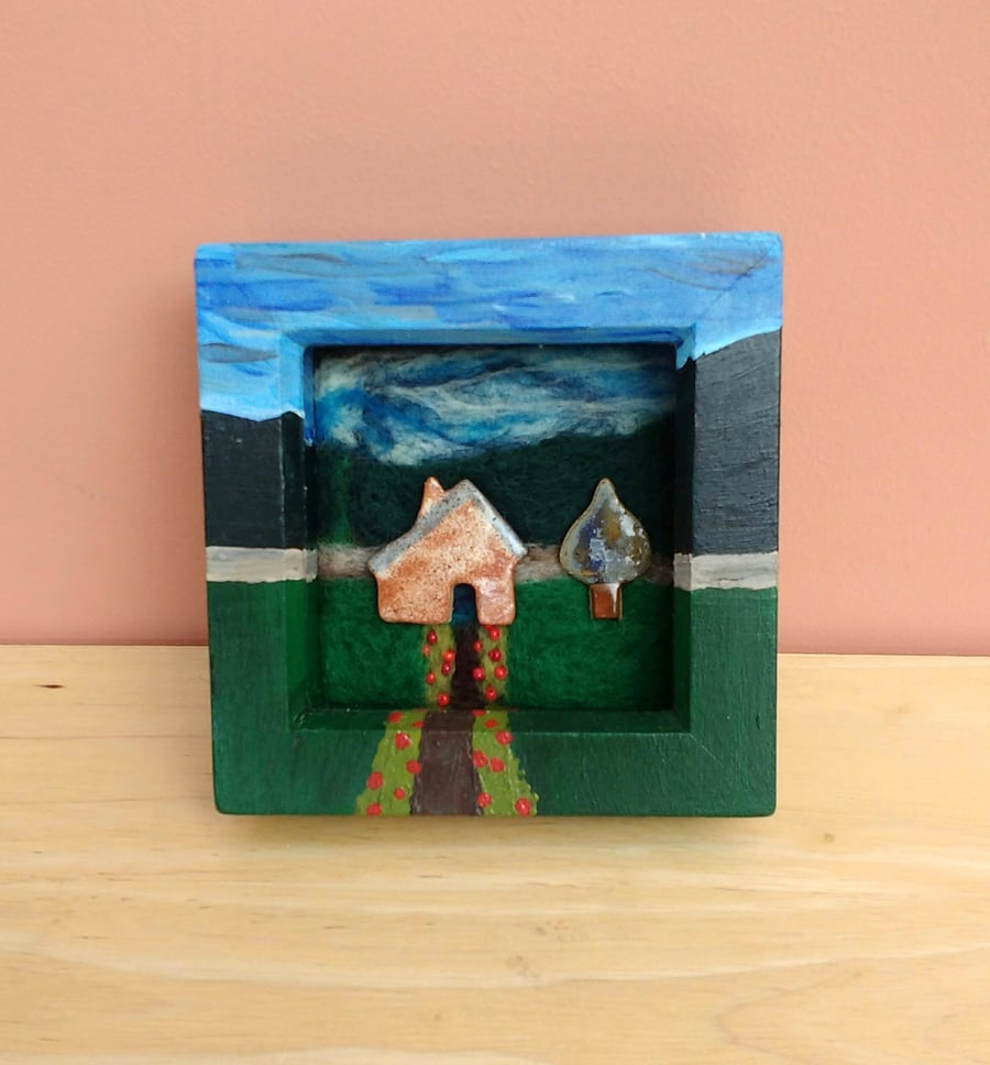 Felted landscape with ceramic house and tree, Mixed media wall art, Decor, 2not 