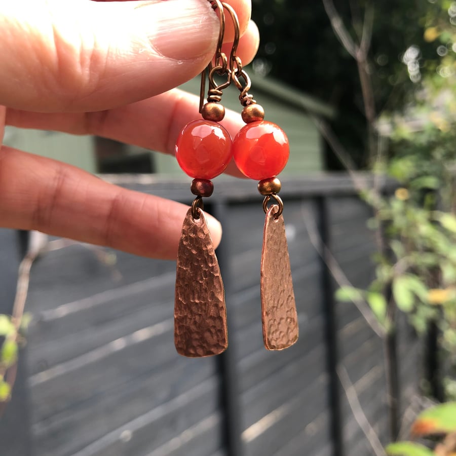 Carnelian & Copper Dangle Earrings. Bohemian Earrings. Autumn Earrings