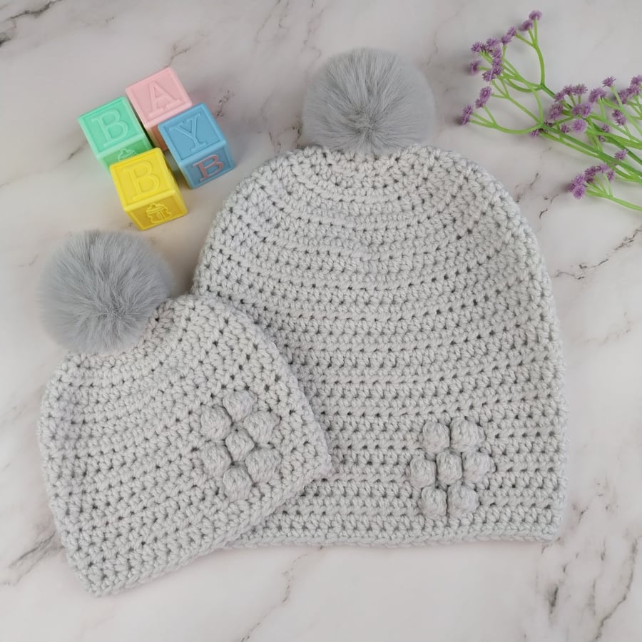 Grey Crochet Mum and Baby Matching Hats, Faux Fur Pom Beanie Set