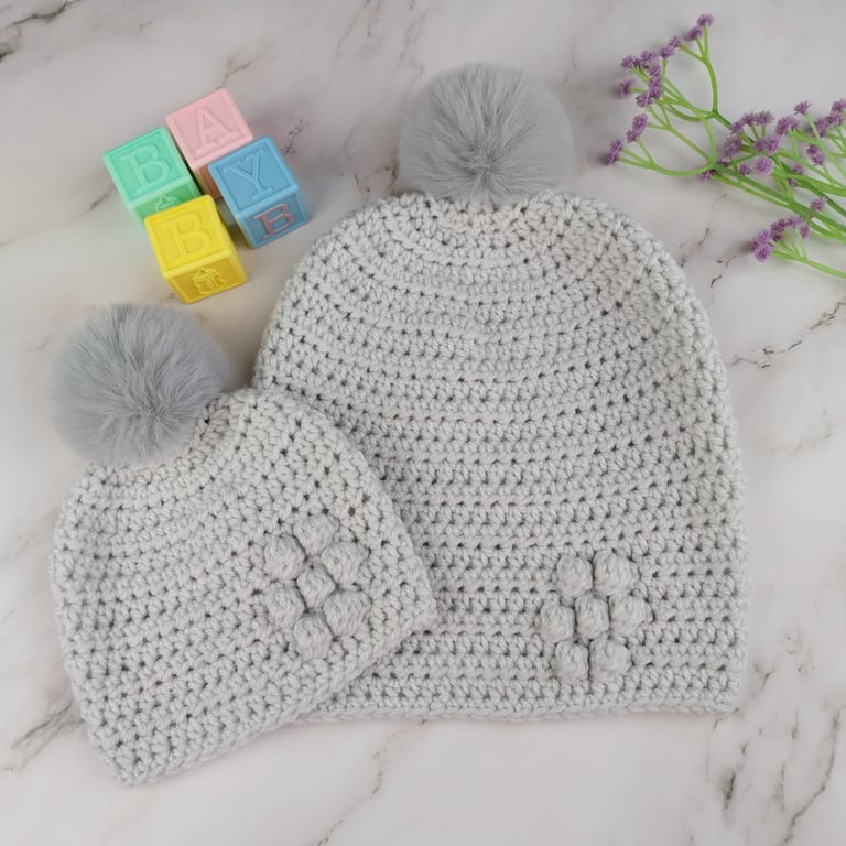 Grey Crochet Mum and Baby Matching Hats, Faux Fur Pom Beanie Set