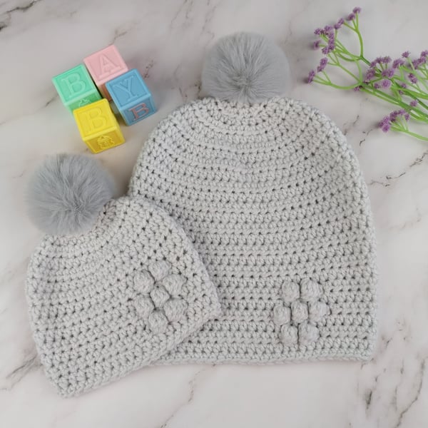 Grey Crochet Mum and Baby Matching Hats, Faux Fur Pom Beanie Set