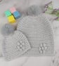 Grey Crochet Mum and Baby Matching Hats, Faux Fur Pom Beanie Set - Image 1