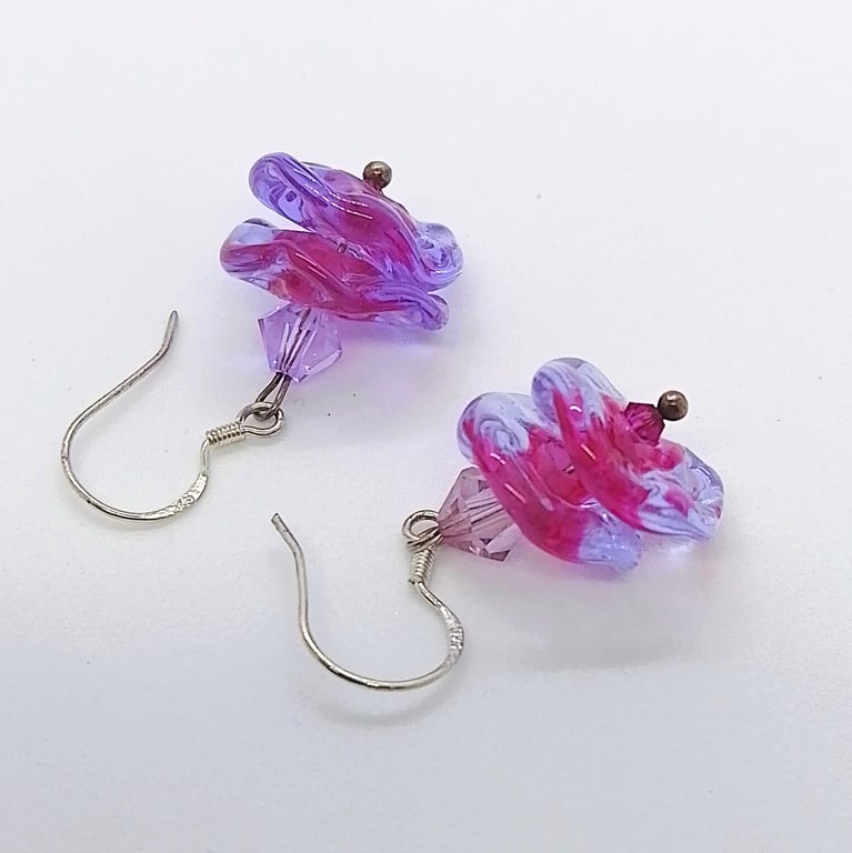 Lampwork Glass Bead Earrings, Pink Fluted Beads, Sterling Silver 