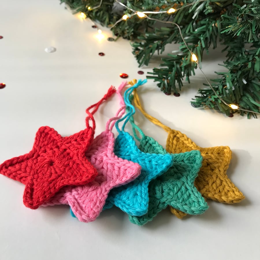Crochet Star Pastel Rainbow Tree Decorations - set of 5