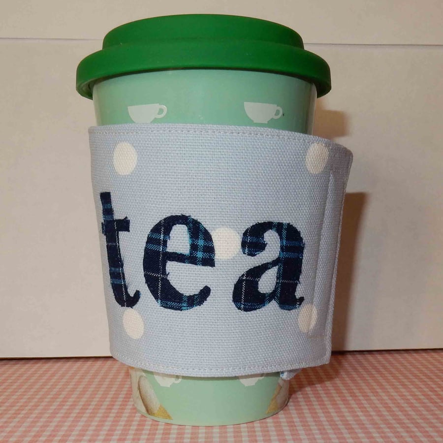 Travel mug cosy - Tea applique on blue
