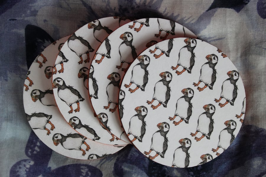 SALE ITEM - Puffin Pattern Handmade Wooden Round Drinks Coaster