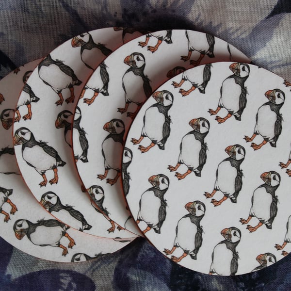 SALE ITEM - Puffin Pattern Handmade Wooden Round Drinks Coaster