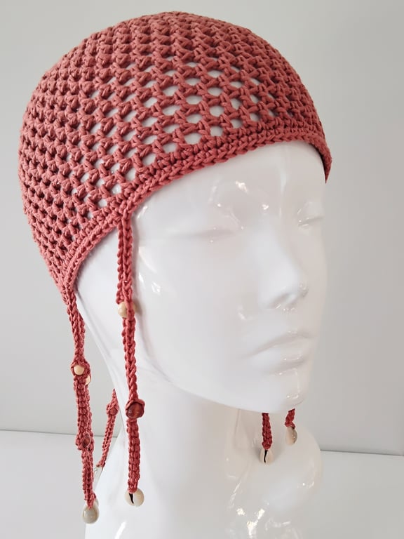 Braided Russet Orange Mesh Crochet Skull Cap with Beads and Shells
