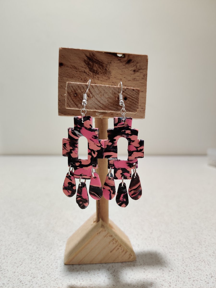 Pink marble aztec dangle earrings