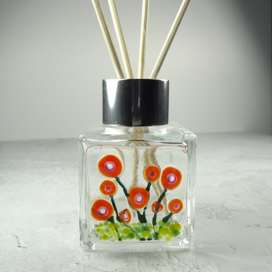 Handcrafted red flowers fused glass reed diffuser – unique gift with 4 reeds v.3