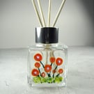 Handcrafted red flowers fused glass reed diffuser – unique gift with 4 reeds v.3