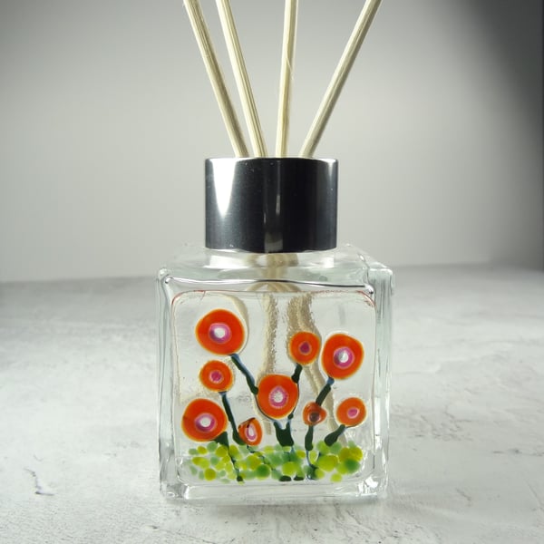Handcrafted red flowers fused glass reed diffuser – unique gift with 4 reeds v.3