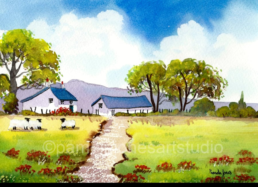 Country Cottage, Sheep, Mid Wales, Original Watercolour in 14 x 11'' Mount