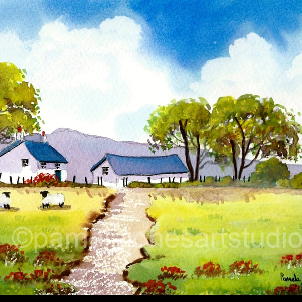 Country Cottage, Sheep, Mid Wales, Original Watercolour in 14 x 11'' Mount